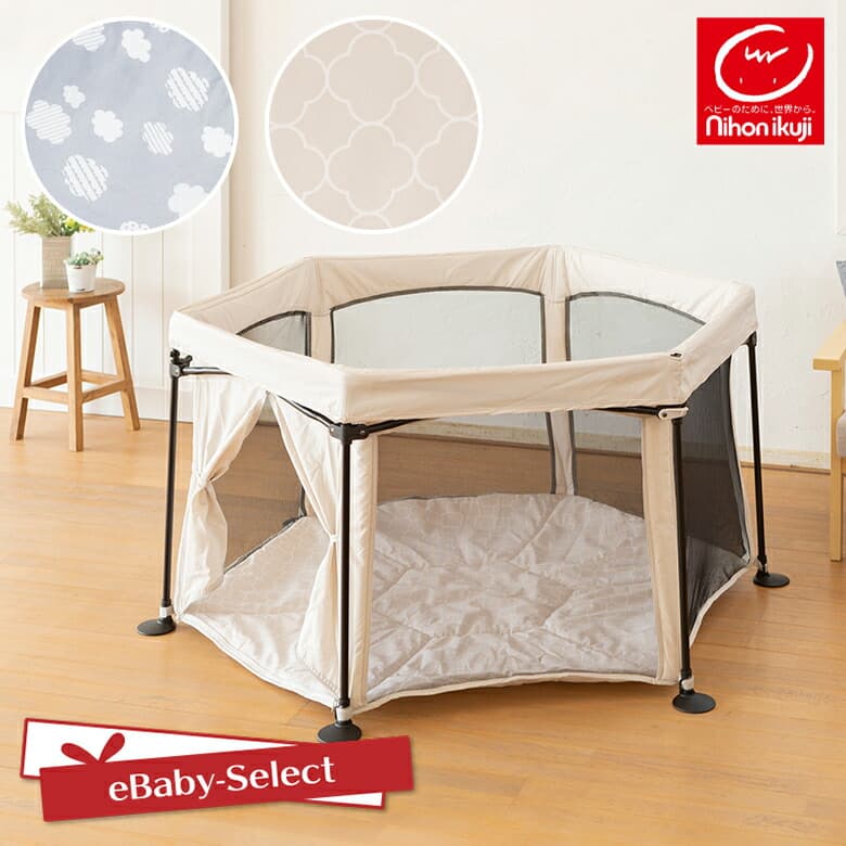 【レビューキャンペーン実施】ベビーサークル 日本育児 ワンタッチで開閉できる 洗えてたためるポータブルベビーサークル メッシュ 折りたたみ 軽量 コンパクト ベビー サークル 赤ちゃん マット付き プレイペン ベビールーム 通気性：eBaby-Select by nihonikuji