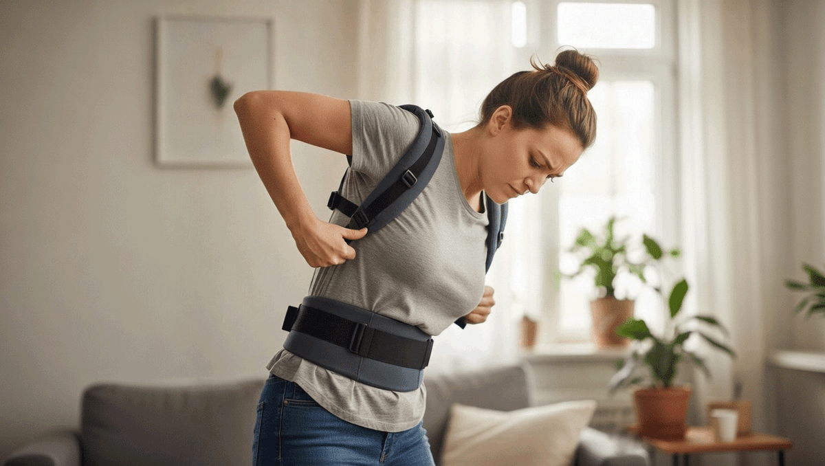 抱っこ紐の装着に苦労している女性のイメージ画像