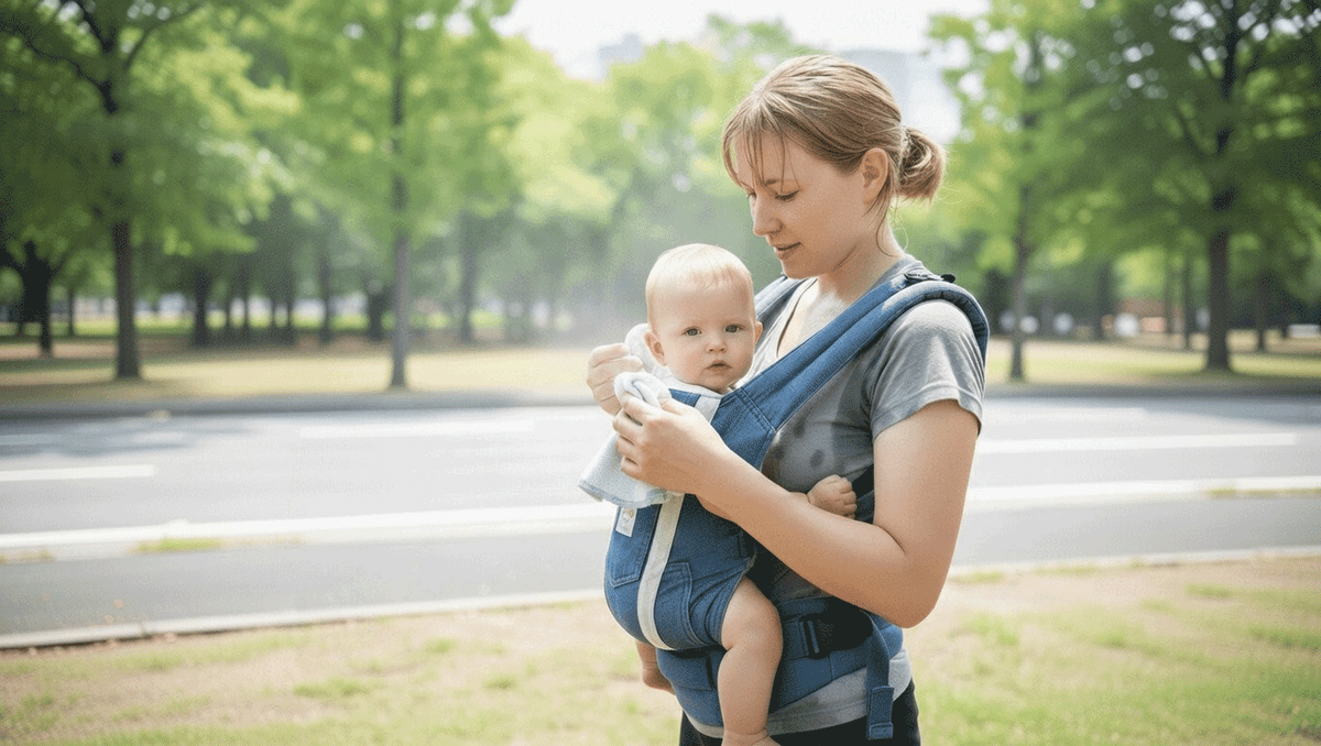抱っこ紐で汗だくになっている親子のイメージ