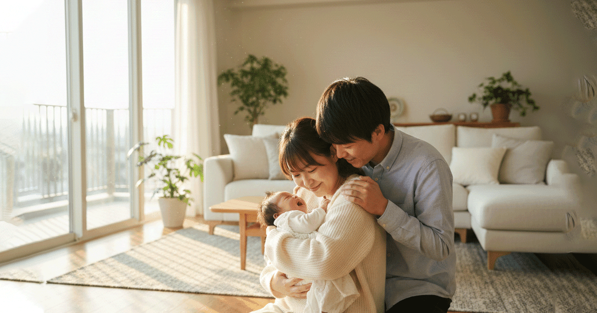 赤ちゃんを優しく抱く家族